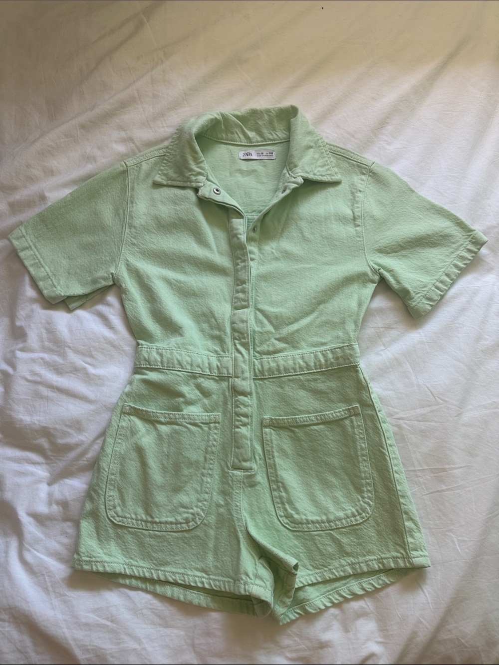 Zara Kids Light Mint Green Short-Sleeve One-Piece denim romper - NWOT